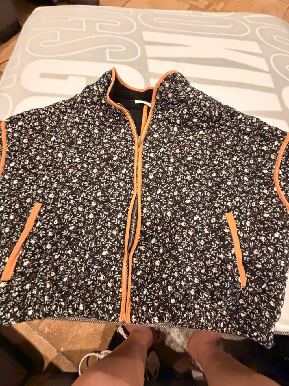 Floral Quilted Zip-Up Vest with Orange Trim - Women's Jacket